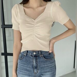Ribbed Cream Ruched Sweetheart Neckline Top Small